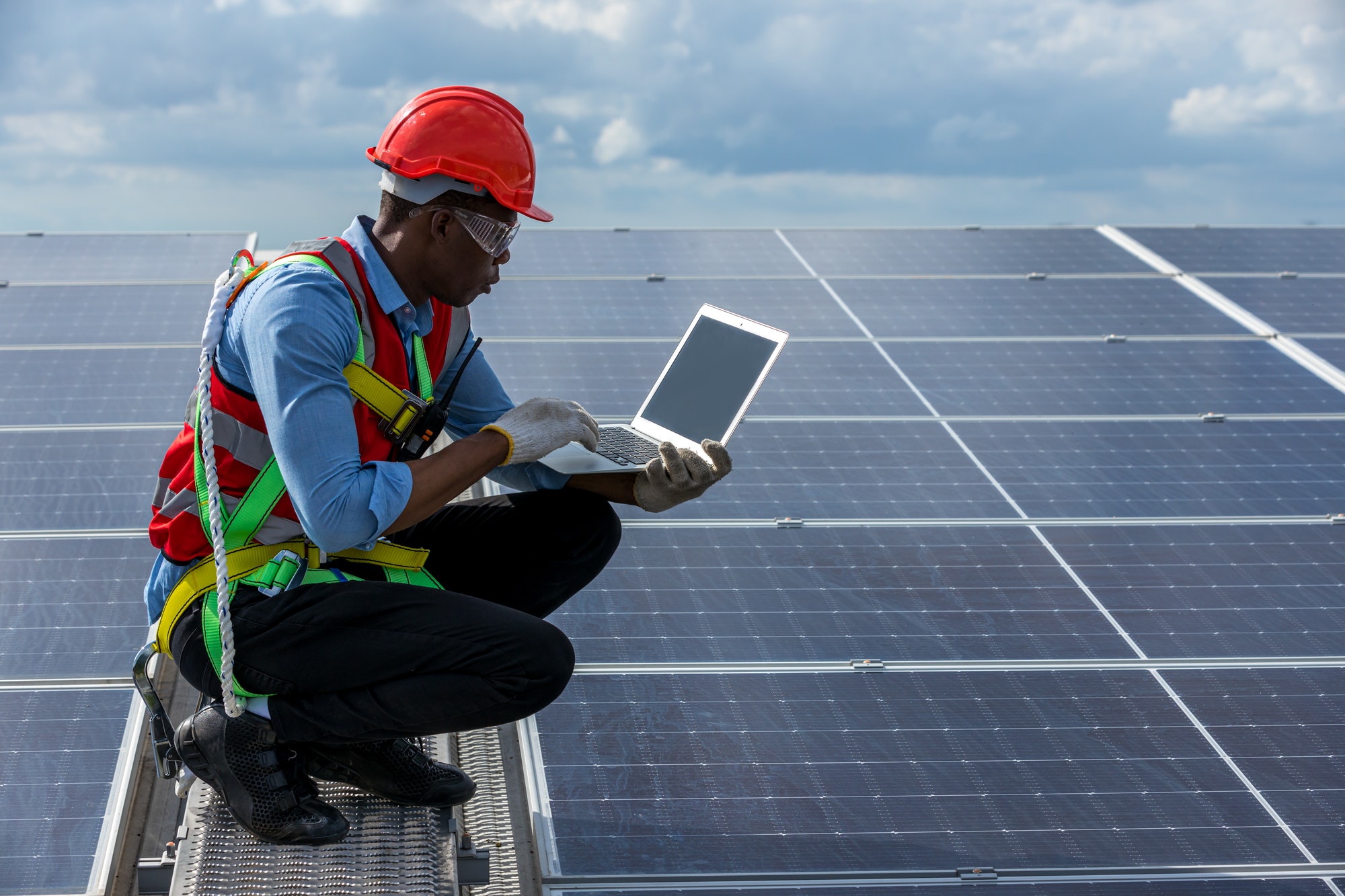 Engineer working setup Solar panel at the roof top. Solar panel at the roof top.